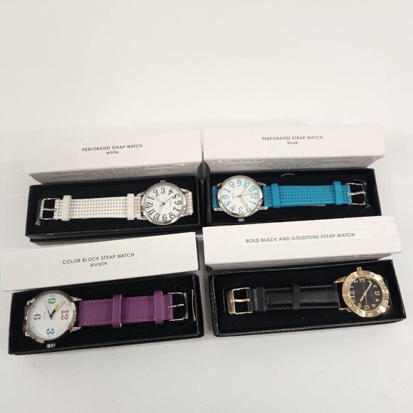 Avon Watch Lot Perforated Strap White Blue Color Block Purple Bold Black NEW - Picture 1 of 8